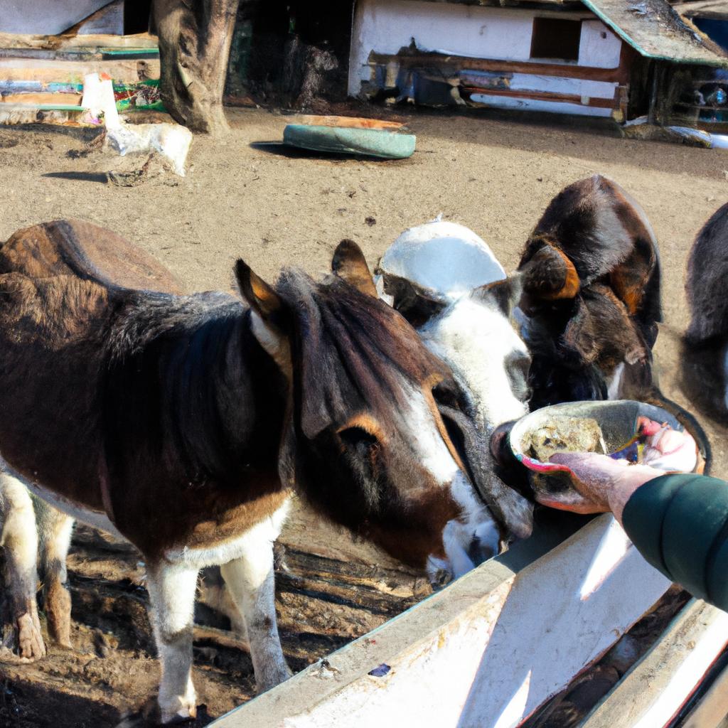 Person feeding animals on ranch