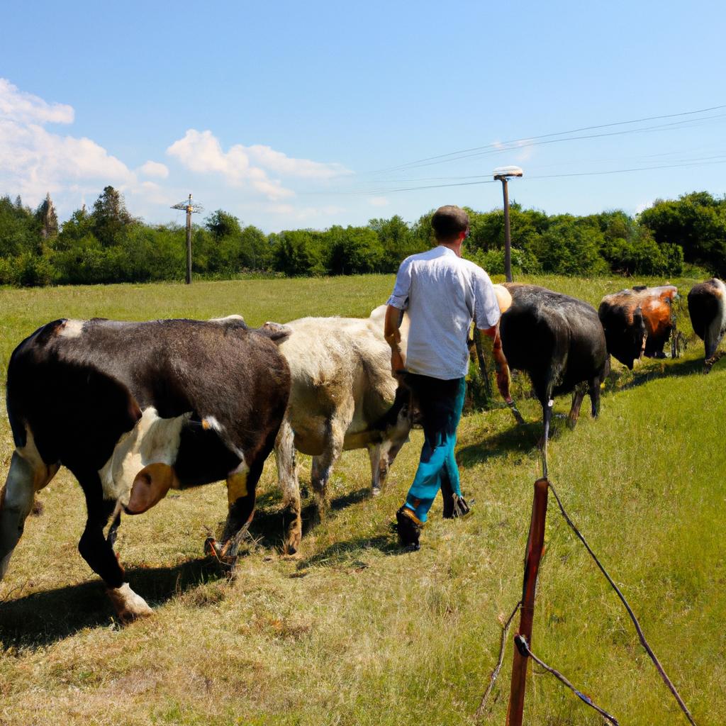 Person moving cows on pasture