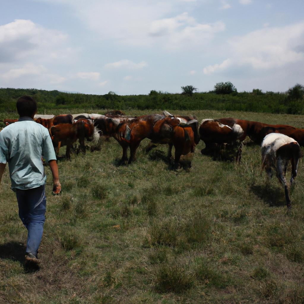 Person herding cattle in field