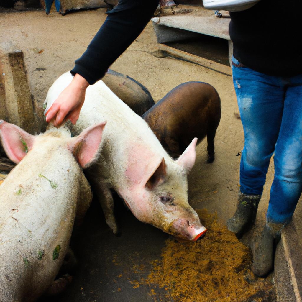 Person feeding pigs on farm