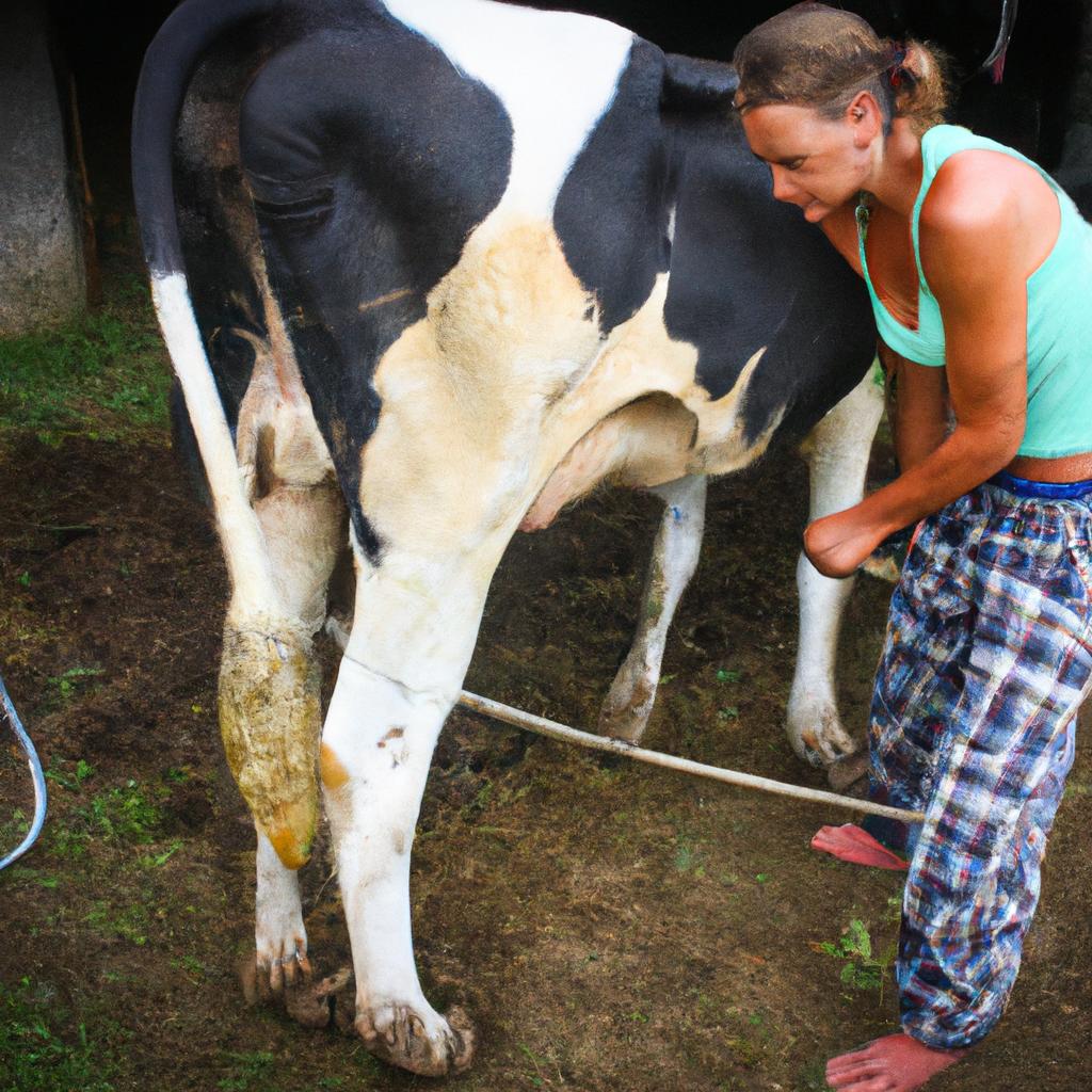 Woman artificially inseminating a cow