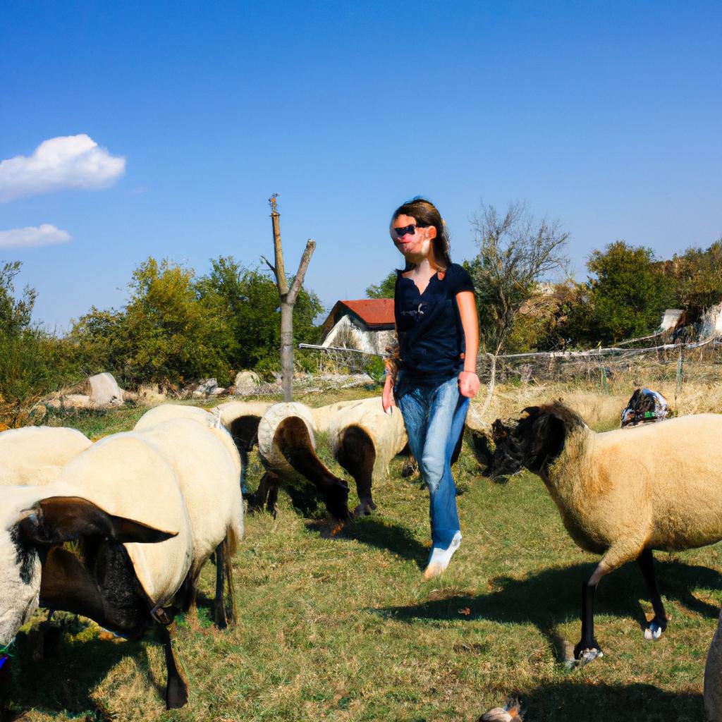 Woman herding sheep on ranch