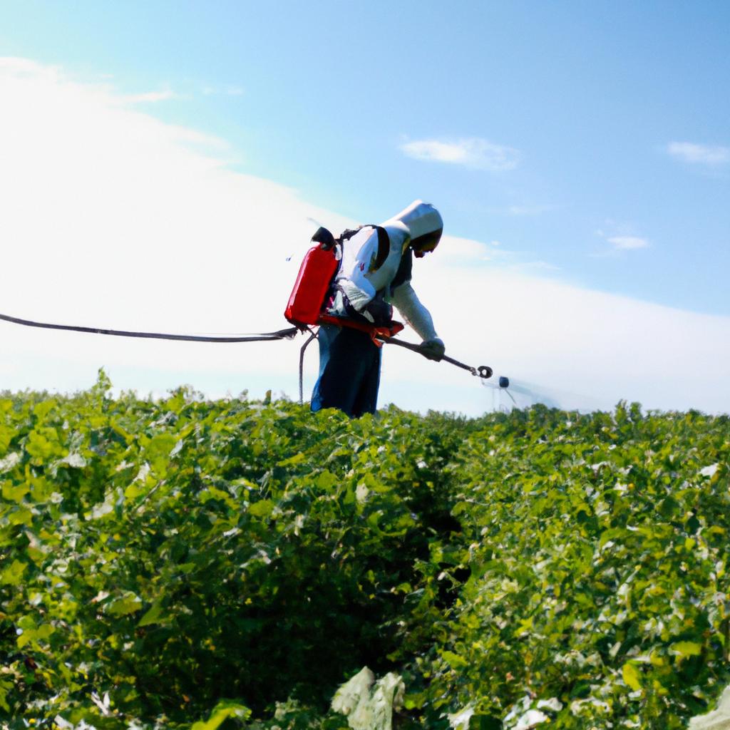 Person spraying herbicide in field